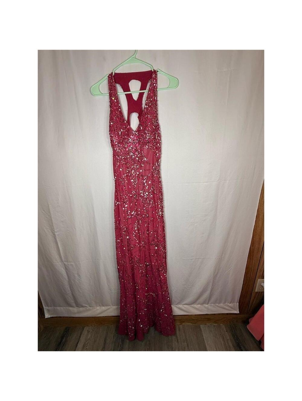 Adrianna Papell Gown Womens Size 8 Pink Sequin Halter Maxi Deep V Back Cutout - Picture 3 of 16